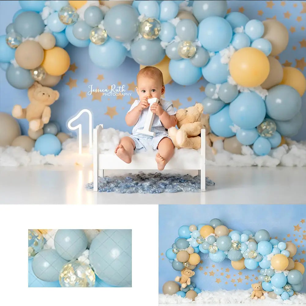 Twinkle Stars Little Bears Backdrop Kids Baby Cake Smash Photography Props Balloons Child Boys Birthday Studio Backgrounds