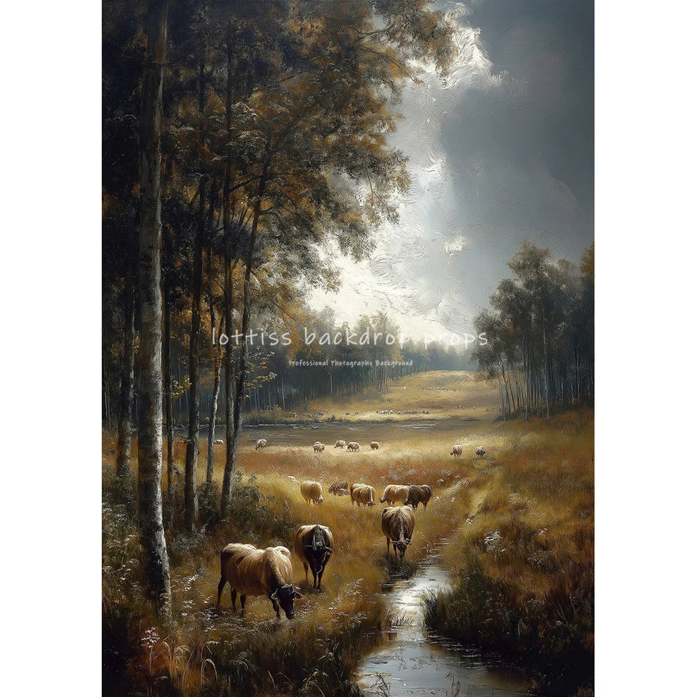 Village Cows Farm River Scenery Oil Painting Photography Backdrops Wedding Kids Adult Photocall Sunset Countryside Backgrounds