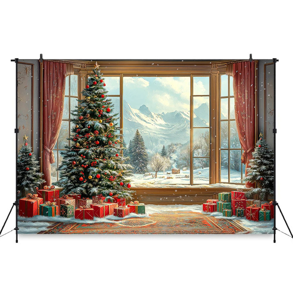 Large Window With Curtains Christmas Photo Backdrop Baby Kids Portrait Family Party Photocall Photograhy Background