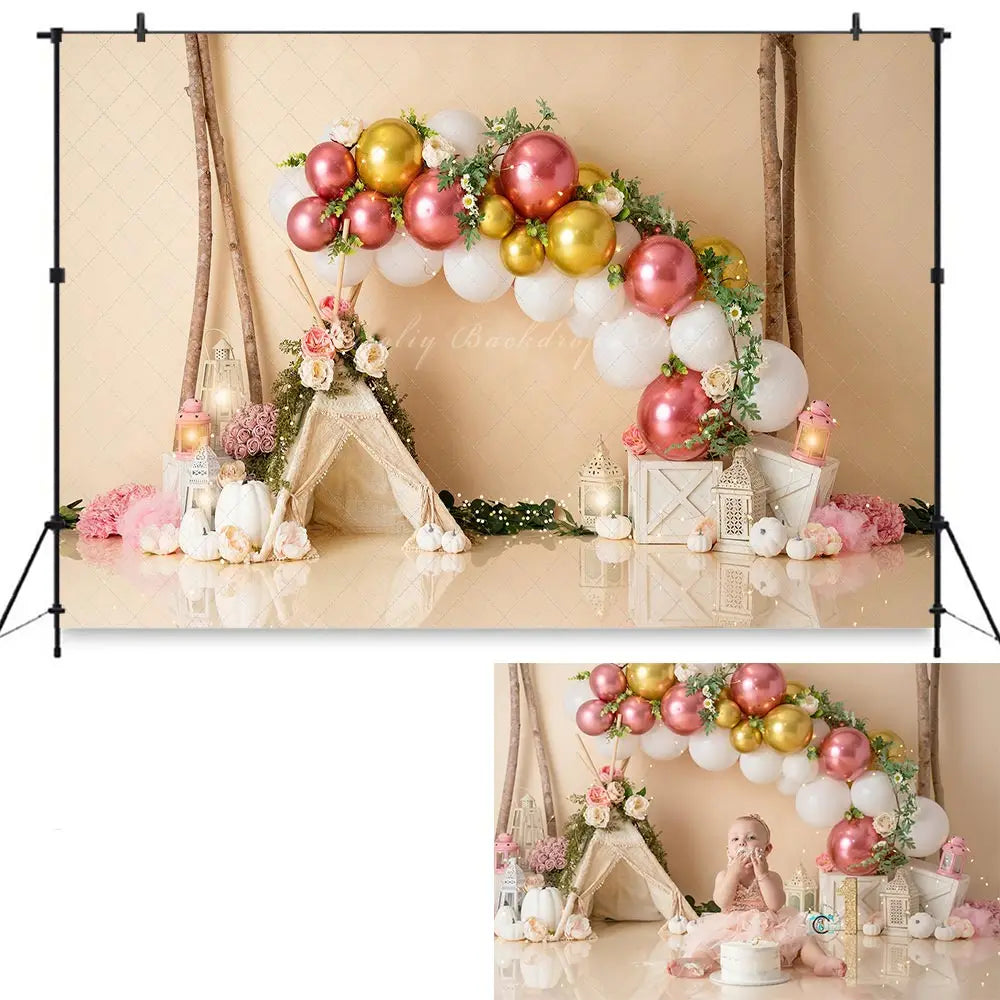 Rose Gold Teepee Photography Backdrop Boho Tent Floral Balloons Kids Baby Cake Smash Photocall Decors Birthday Backgrounds