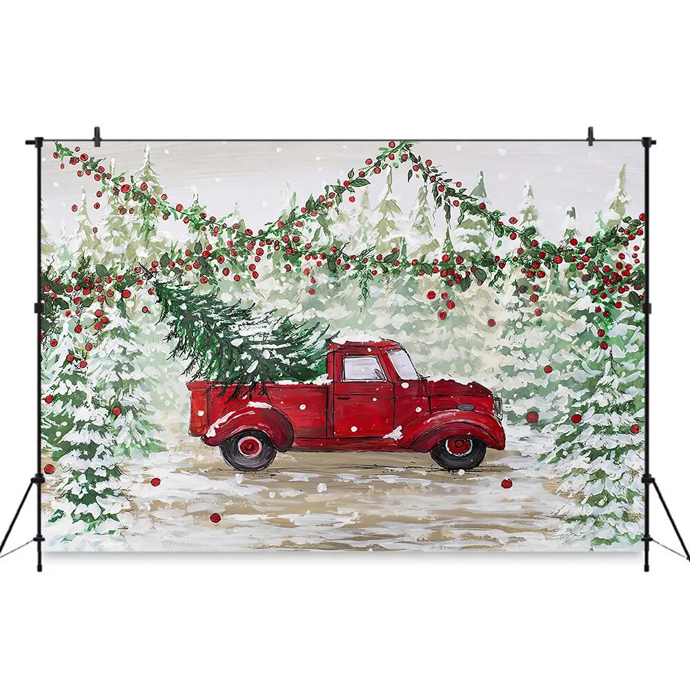 Winter Snowy Little Red Truck Backdrops Adult Kids Portrait Child Photography Snowflake Forest Background For Photostudio Props