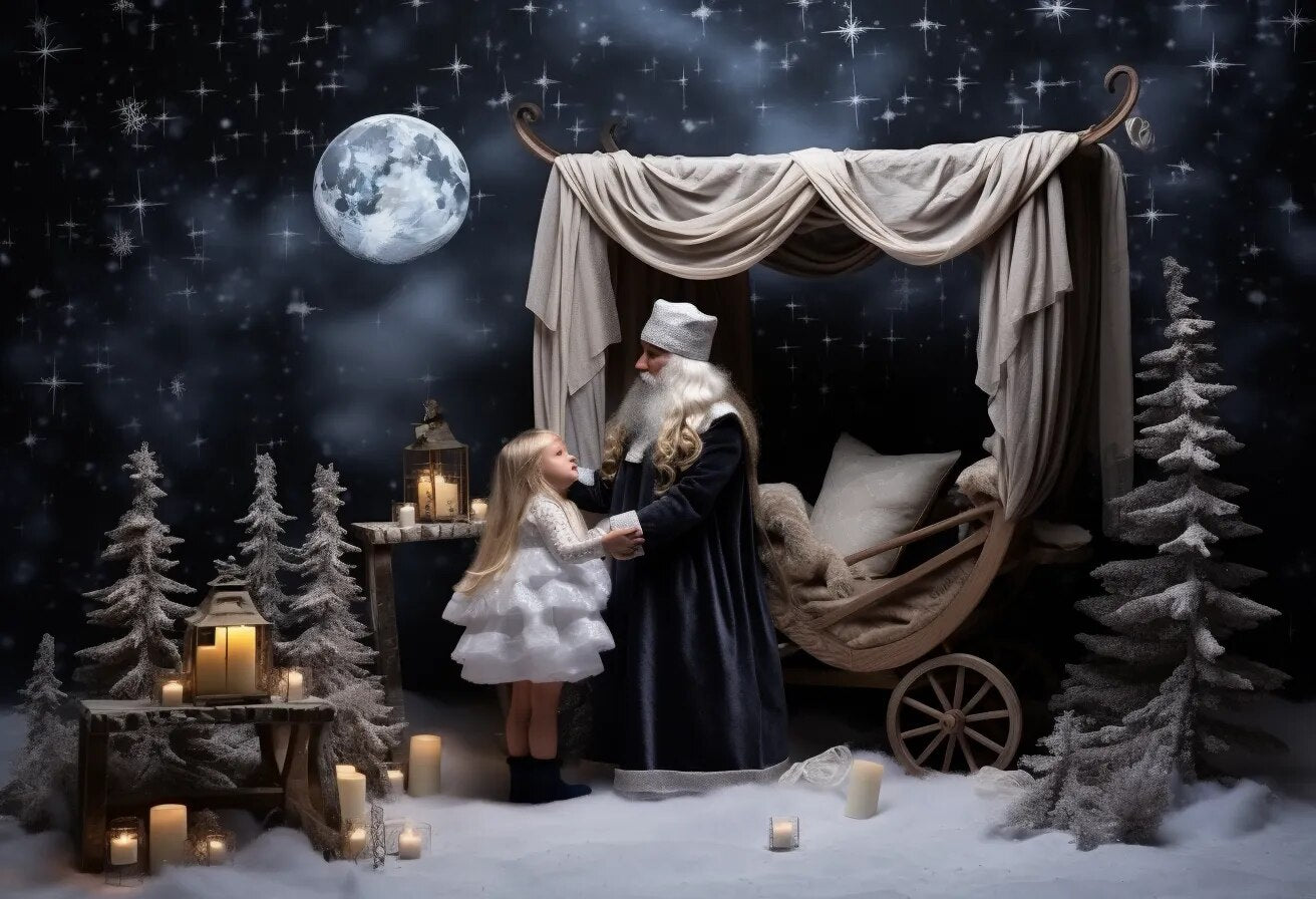 Arrière-plan de forêt enneigée de noël, accessoires de photographie pour enfants et bébés, pour séance photo, flocon de neige, arrière-plan de chariot de noël 