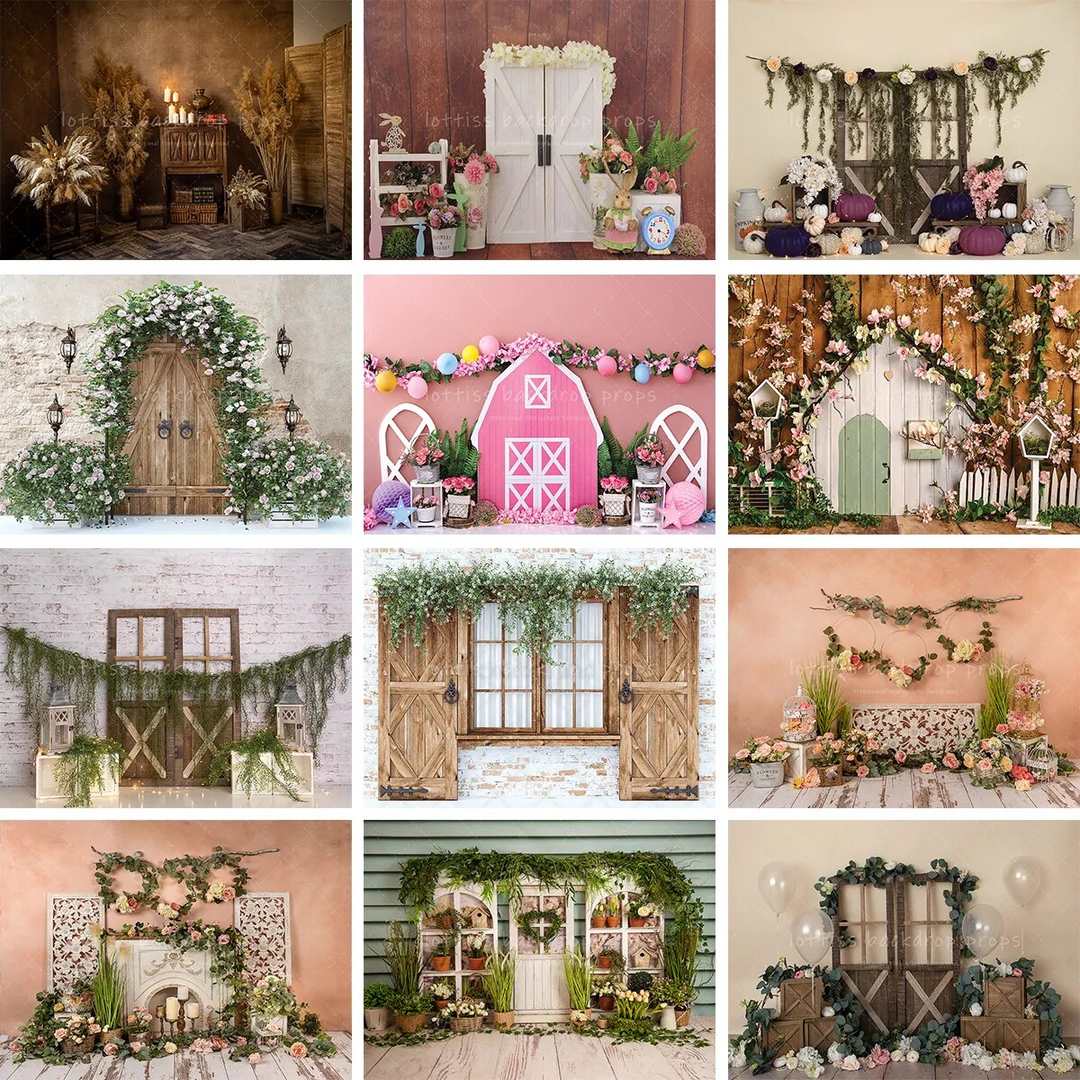 Spring Garden Barn Door Photography Backdrop Bunny Flowers Wooden Window Greenery Decorations Fireplace Easter Backgrounds Props