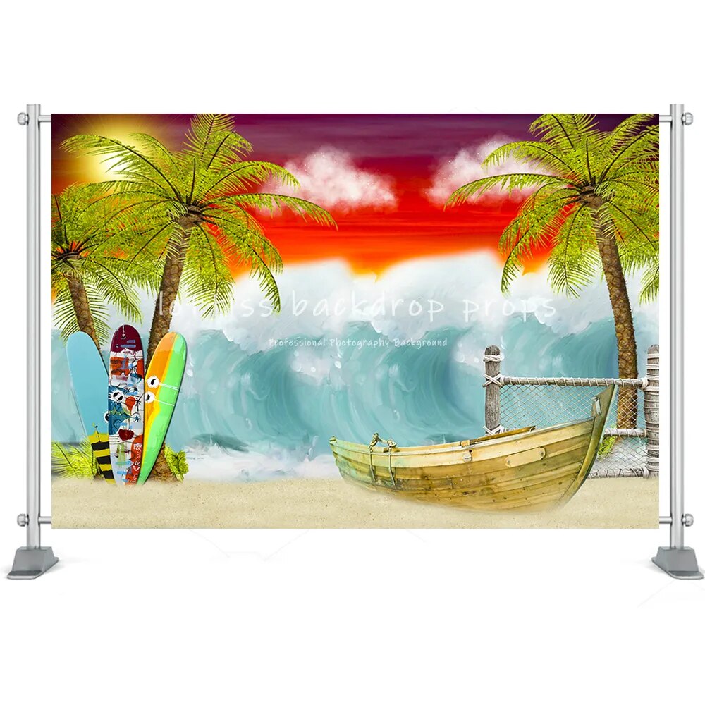 Summer Beach Backdrop Surfboard Van Palm Tree Holiday Seaside Photography Nature Scenery Baby Birthday Portrait Background