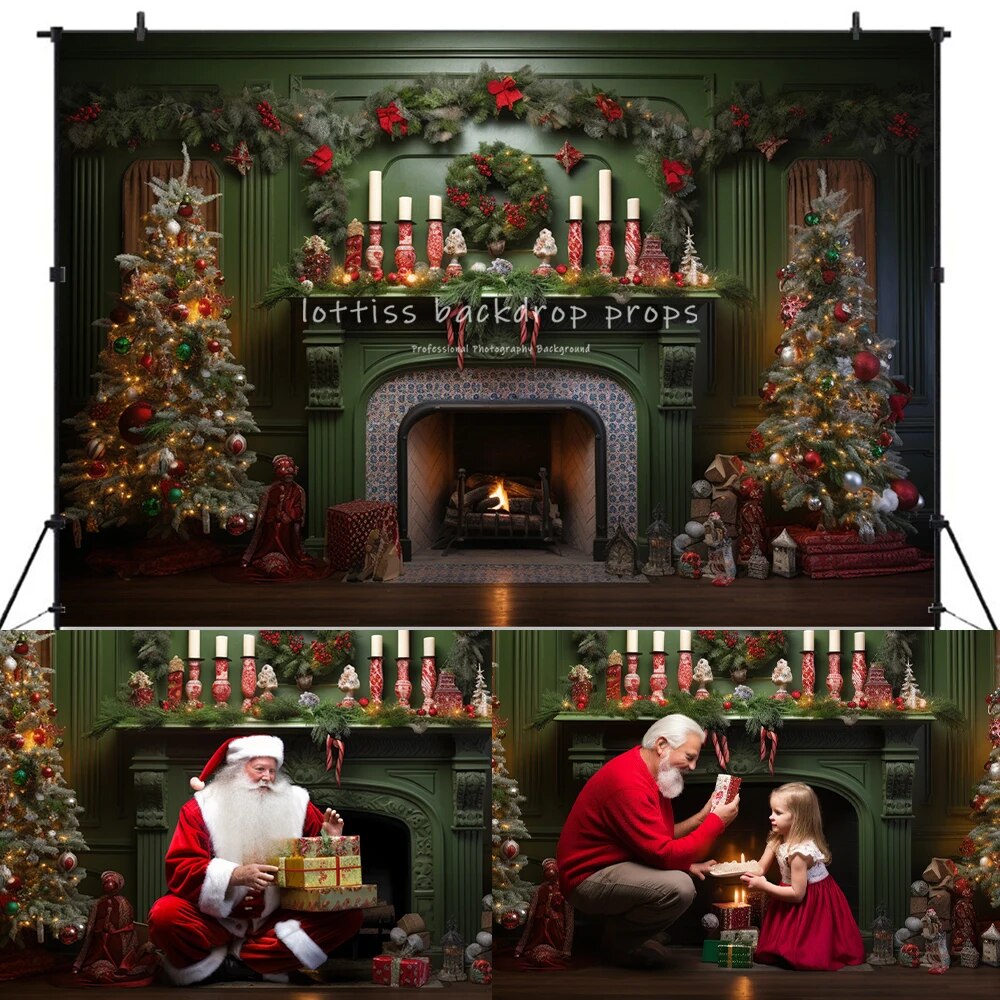 Christmas Fireplace Backdrops Kids Adult Photography Props Child Baby Photocall Decors Xmas Trees Gifts Box Festival Background