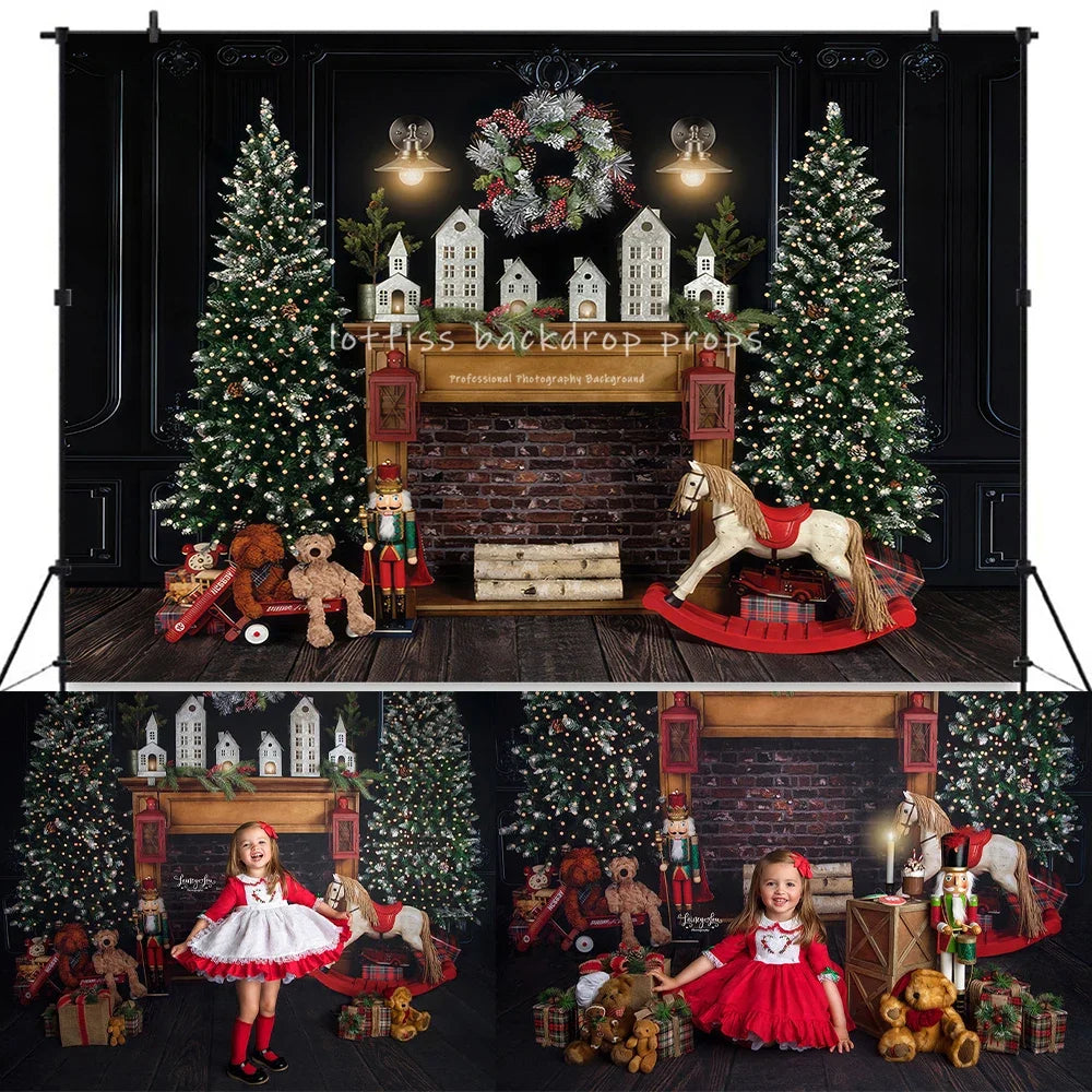 The Night Before Christmas Backdrops Kids Adult Photography Baby Photocall Xmas Fireplace Toy Horse Background