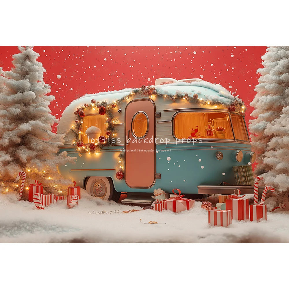 Christmas Truck Snowy House Backdrops Kids Family Photography Child Baby Photocall Snowflake Forest Xmas Bus Trees Backgrounds