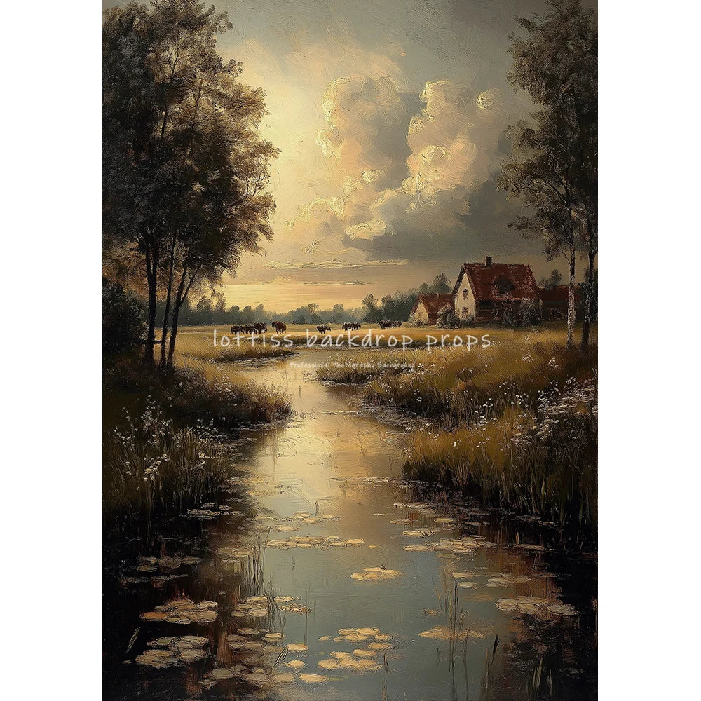 Countryside River Cottage Vintage Scenery Oil Painting Photography Backdrops Kids Adult Photocall Sunset Village Backgrounds