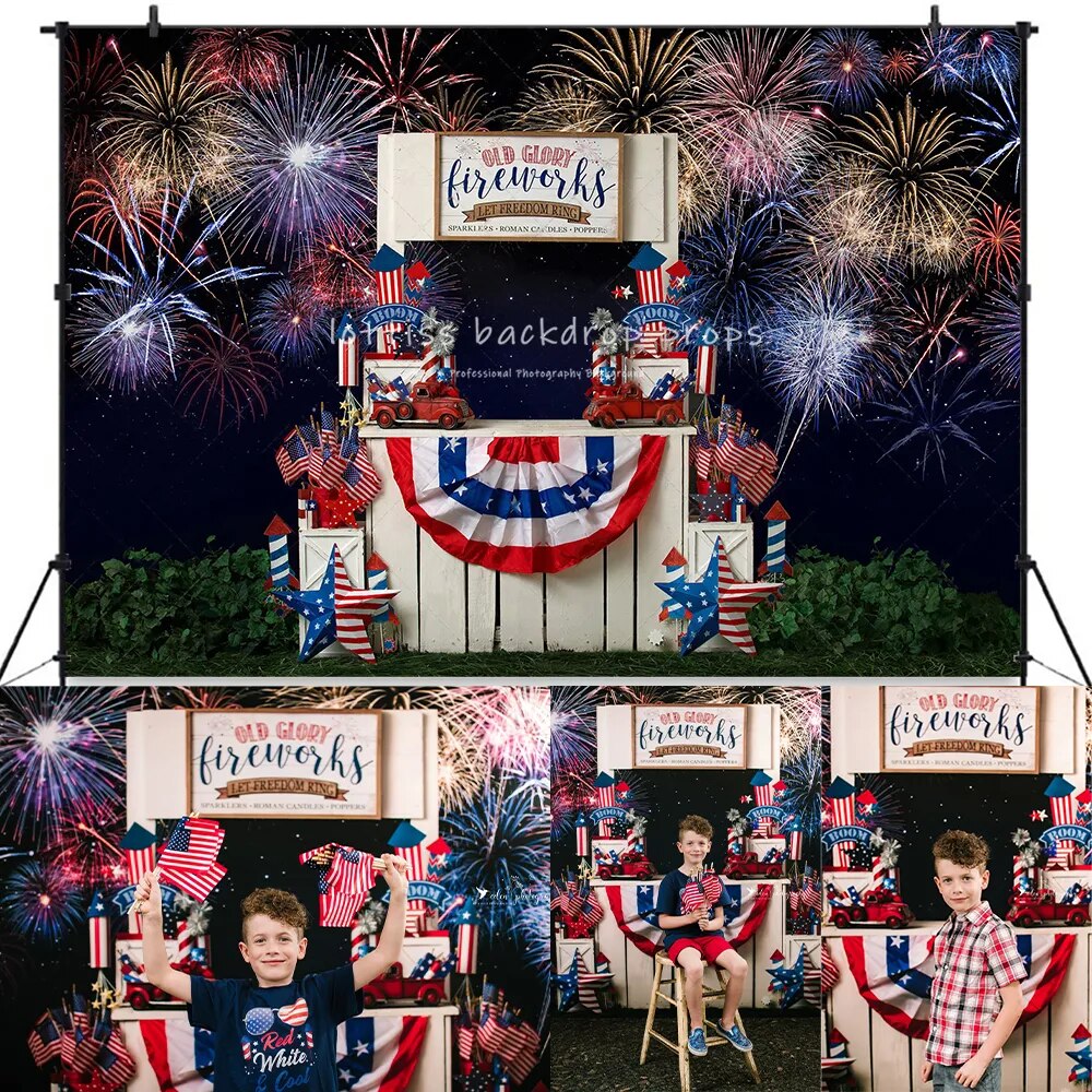 Old Glory Fireworks Stand Backdrops Kids Baby Photography Birthday Props Cake Smash Banner Child Photostudio Background