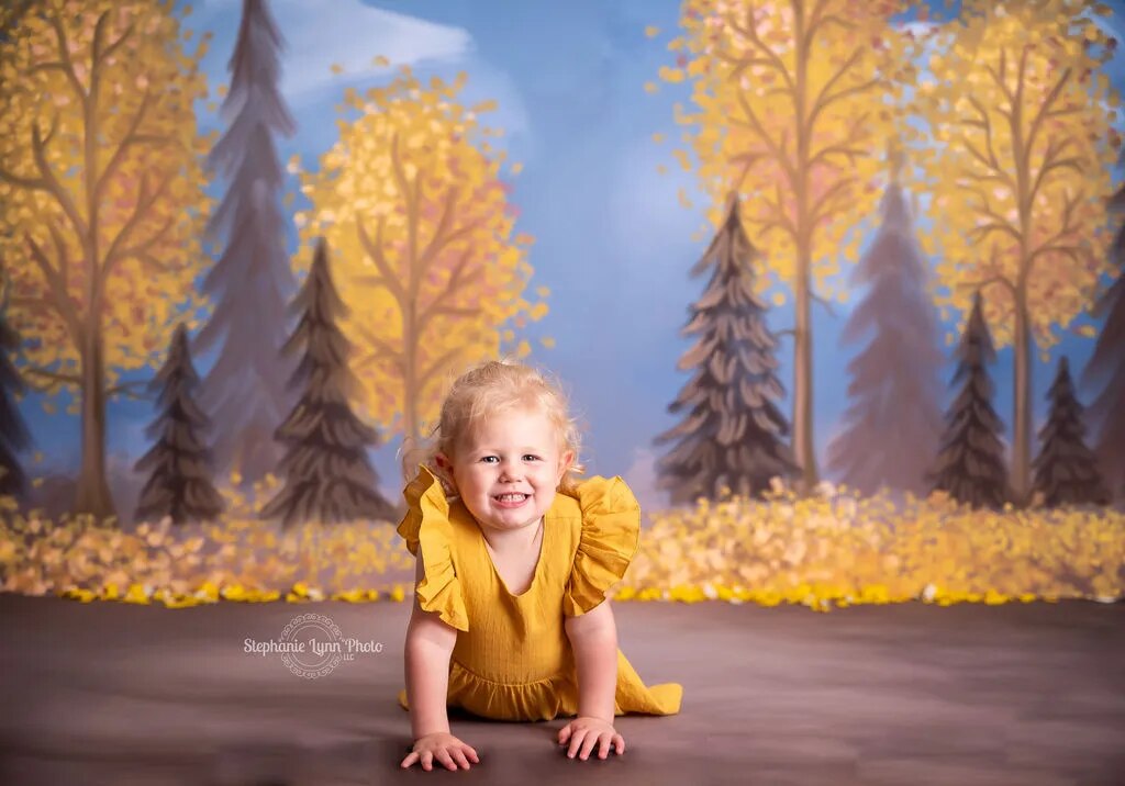 Arrière-plan de forêt d'automne pour enfants, photographie d'anniversaire de bébé, gâteau pour enfants et adultes, séance photo, feuilles d'automne jaunes, arrière-plan d'arbres 