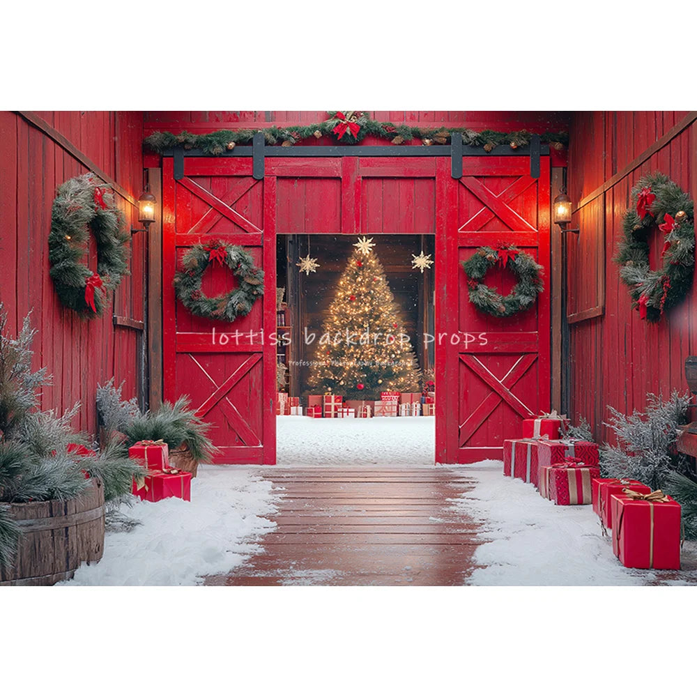 Red Wooden Barn Door Backdrops Kids Family Photography Child Baby Photocall Farm Xmas Trees Snowflake Wreath Cottage Backgrounds