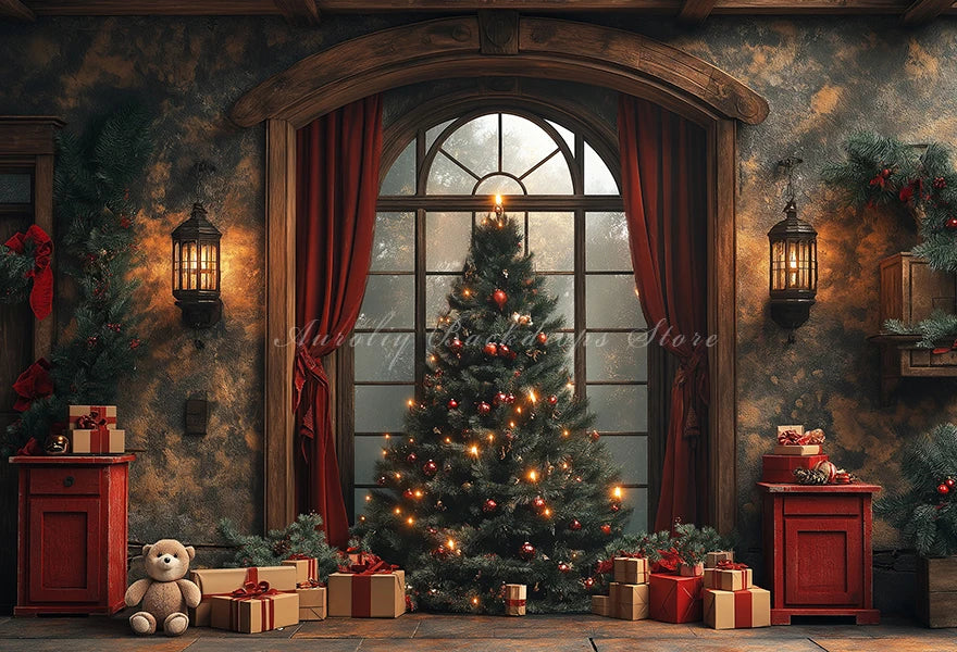 Christmas Fireplace Backdrop Red Drapes And Windows Baby Kids Portrait Family Party Photocall Photograhy Background