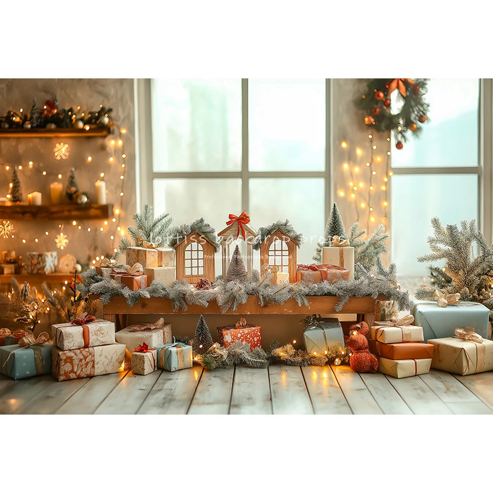 Christmas Windows Fireplace Backdrops Kids Adult Photography Child Photocall Xmas Trees Wreath Curtains Winter Backgrounds