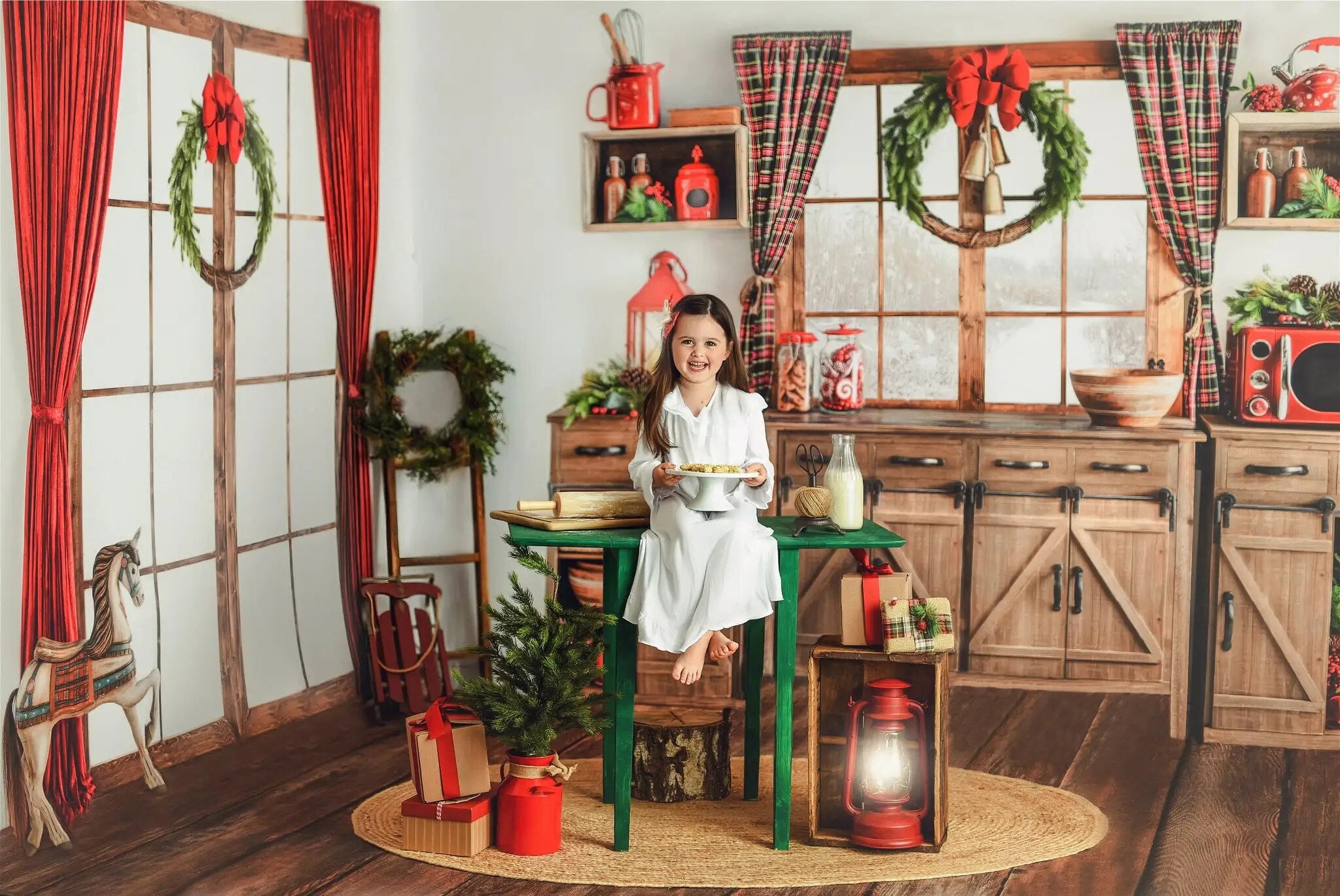 Arrière-plan de cuisine de noël pour vacances fraîches, accessoires de photographie pour enfants et bébés, arrière-plan de noël pour famille adulte 