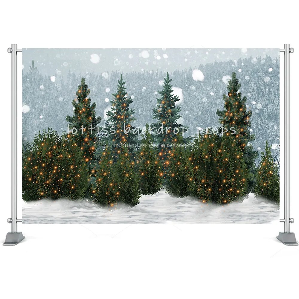 Winter Snow Forest Backdrops Series-Two Mountains Pine Snowflake Reindeer Photography Backgrounds Kids Adult Portrait Props