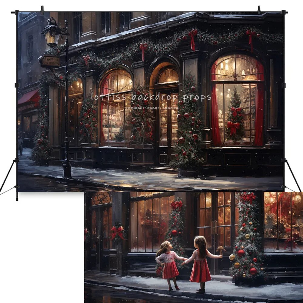 Christmas Street Backdrops Kids Baby Photography Props Child Adult Photocall Decors Snowy Xmas Store Front Background