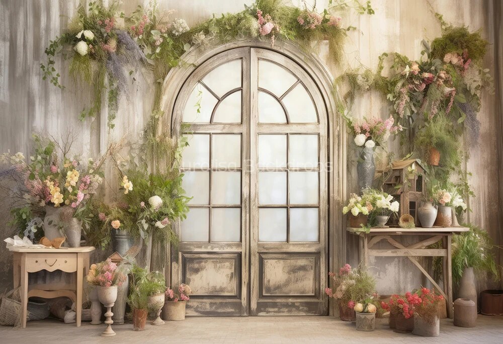 Garden Doors Backdrops Kids Baby Spring Photography Props Child Adult Girl Photocall Country Pink Rose Floral Bunny Background