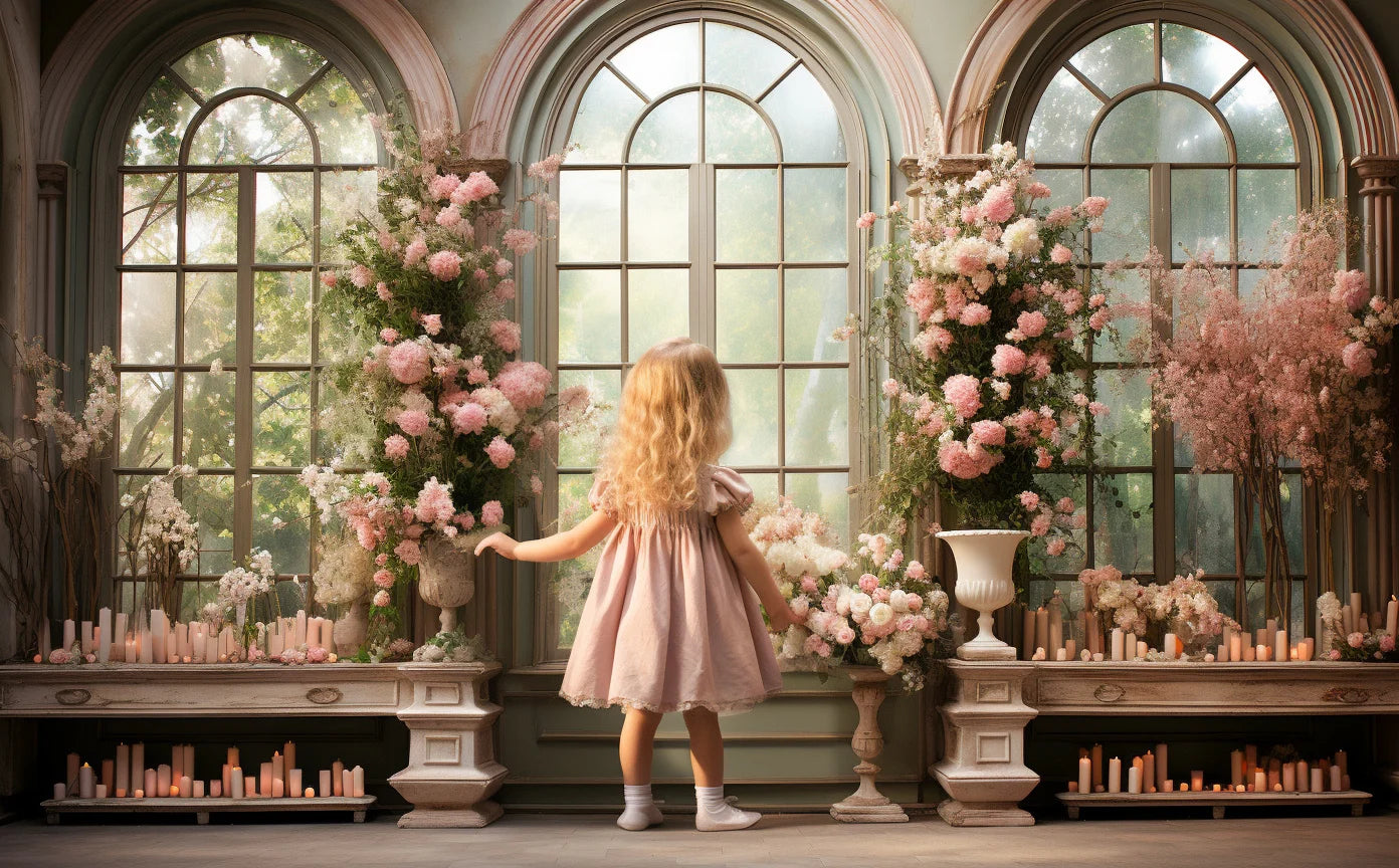 Castle Windows Backdrops Kids Gril Photography Props Child Adult Photocall Decors Spring Floral Garden Backgrounds