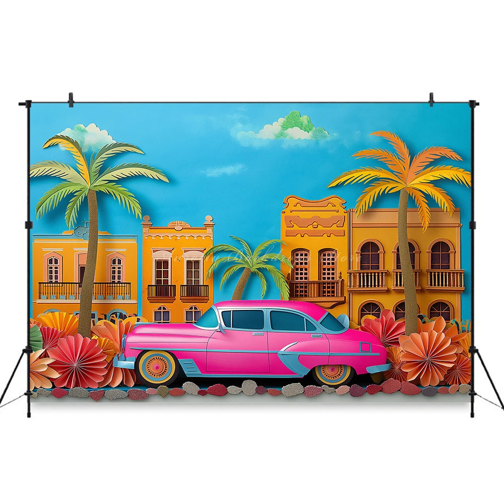 Classic Pink Car Sits on the Beach Photography Backdrop Kids Baby Cake Smash Photocall Decors Summer Plam Tree Studio Background