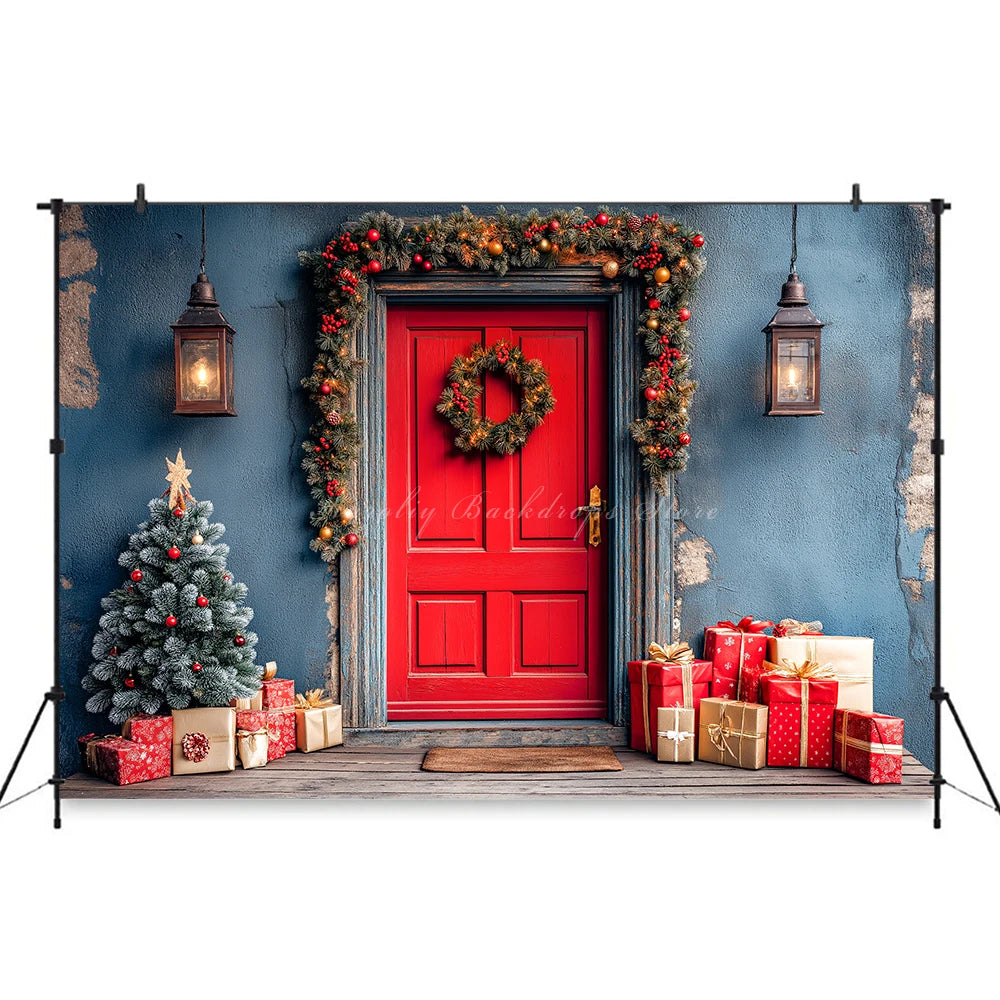 Christmas Red Door With Wreaths And Garlands Photography Backdrop Baby Kids Portrait Family Party Photocall Studio Backgrounds