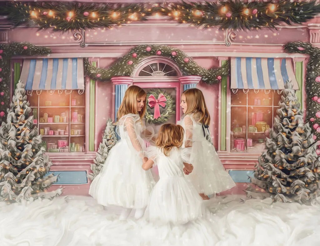 Foresty Sweet Shop – arrière-plan de noël pour enfants et filles, accessoires de photographie pour enfants et adultes, hiver, noël, rose, neige, arrière-plan avant de magasin