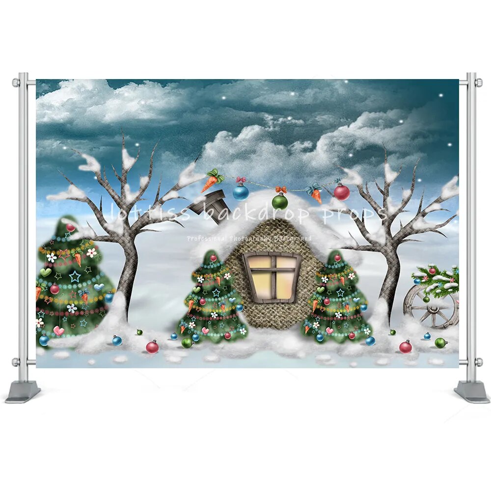 Winter House Backdrop Snow Field Forest Christmas Santa Claus Tree Farm Kids Bbay Family Portrait Photography Background