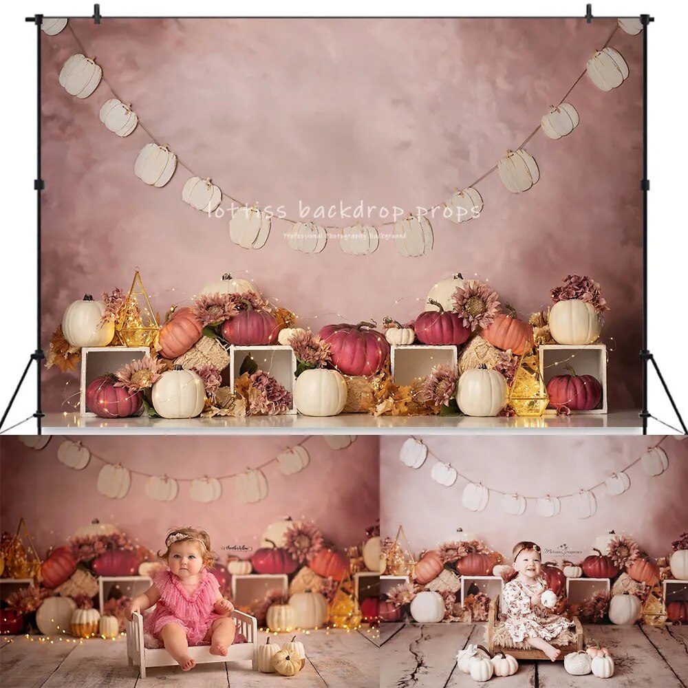 Arrière-plan sur le thème de la citrouille rose, accessoires de gâteau d'anniversaire pour enfants filles, décors pour séance photo pour bébés et enfants, arrière-plan de ferme de récolte d'automne 