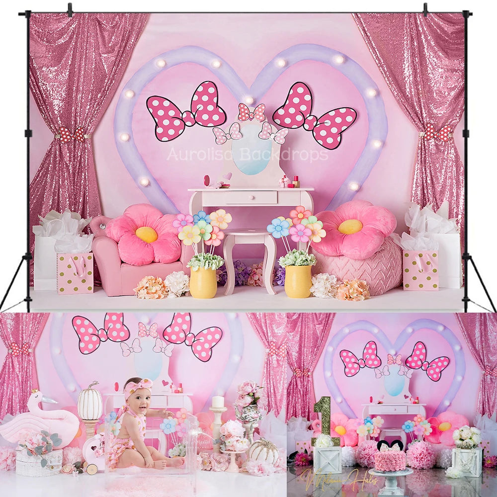 Girl Dressing Room Backdrops Kids Baby Photography Props Child Adult Photocall Decors Birthday Cake Smash Pink Bow Background