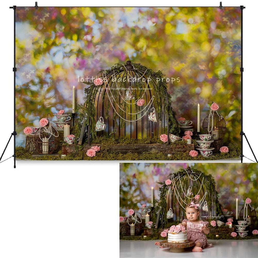 A Spot of Tea Party Backdrops Girl Kids Cake Smash Birthday Photography Child Adult Photocall Spring Pink Floral Background