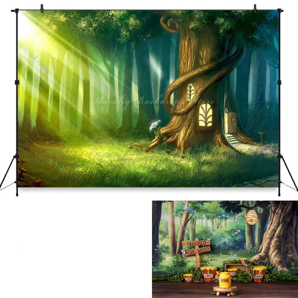 One Hundred Acre Woods Backdrop Kids Baby Birthday Photography Props Pooh Bear Foerst Child Cake Smash Dceor Studio Backgrounds