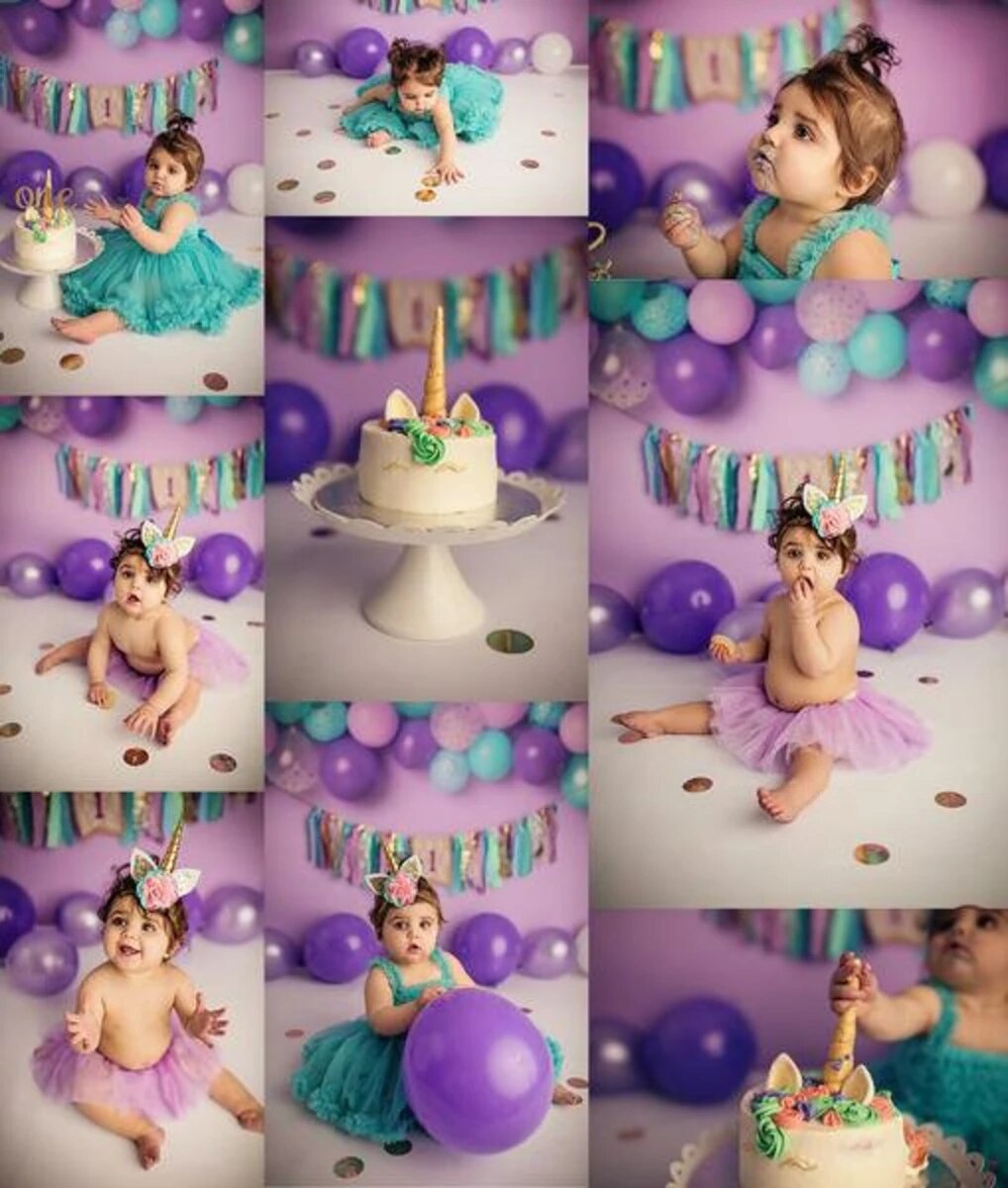 Purple Balloons Backdrops Kids Cake Smash Props Baby Boy Child 1st Birthday Party Background