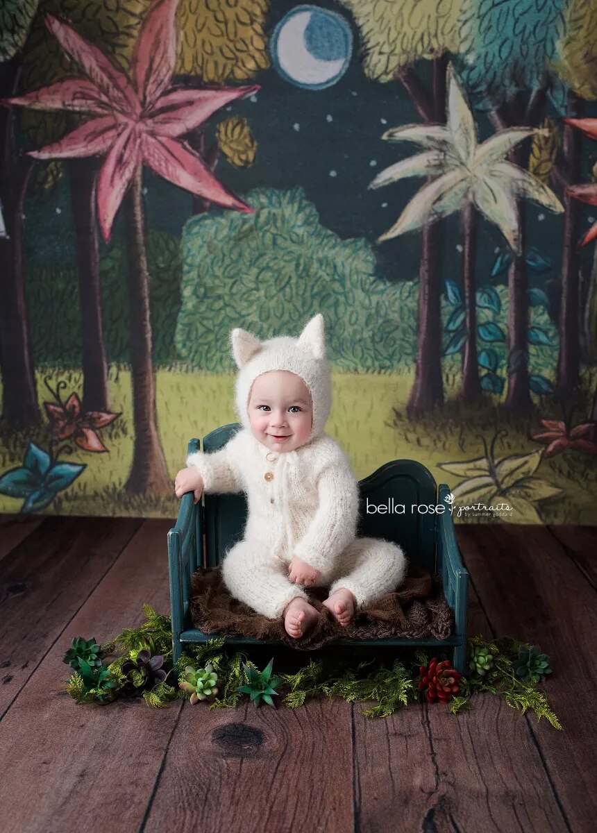 Arrière-plan de Jungle sauvage, gâteau pour enfants, accessoires de séance photo, roi de la forêt, lune, arrière-plan de fête d'anniversaire pour enfant, studio photo