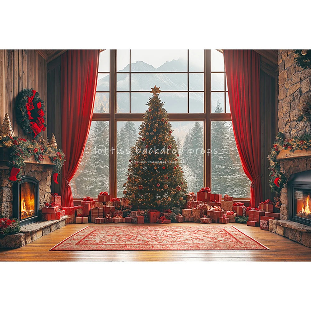 Christmas Windows Santa Fireplace Backdrops Kids Adult Child Baby Photocall Xmas Trees Living Room Red Curtains Backgrounds