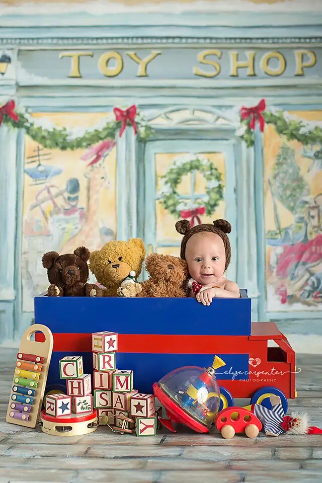 Arrière-plan de boutique de jouets de noël, pour enfants, bébés, photographie, adultes, accessoires de séance photo, hiver, noël, rue enneigée 