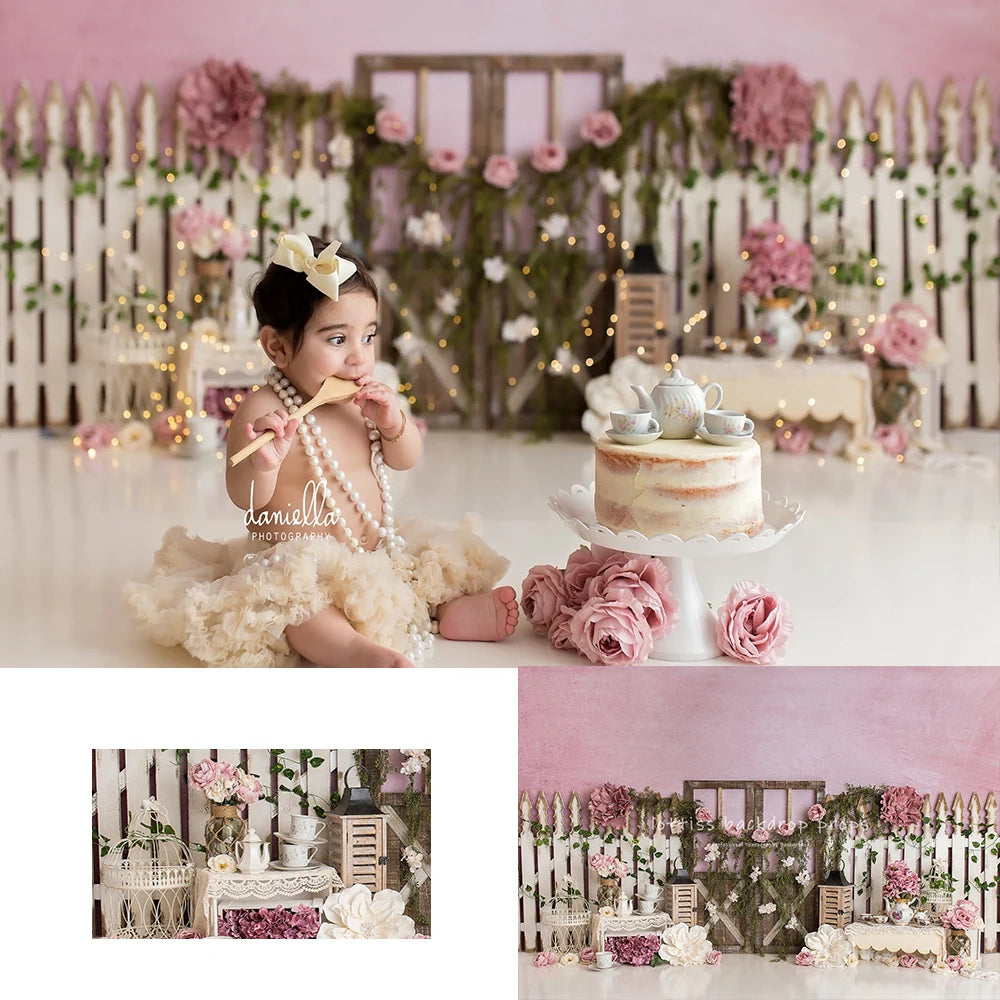 Rose Tea Party Spring Garden Backdrops Kids Girl Photocall Child Baby Cake Smash Photography Pink Flower Wooden Door Backgrounds