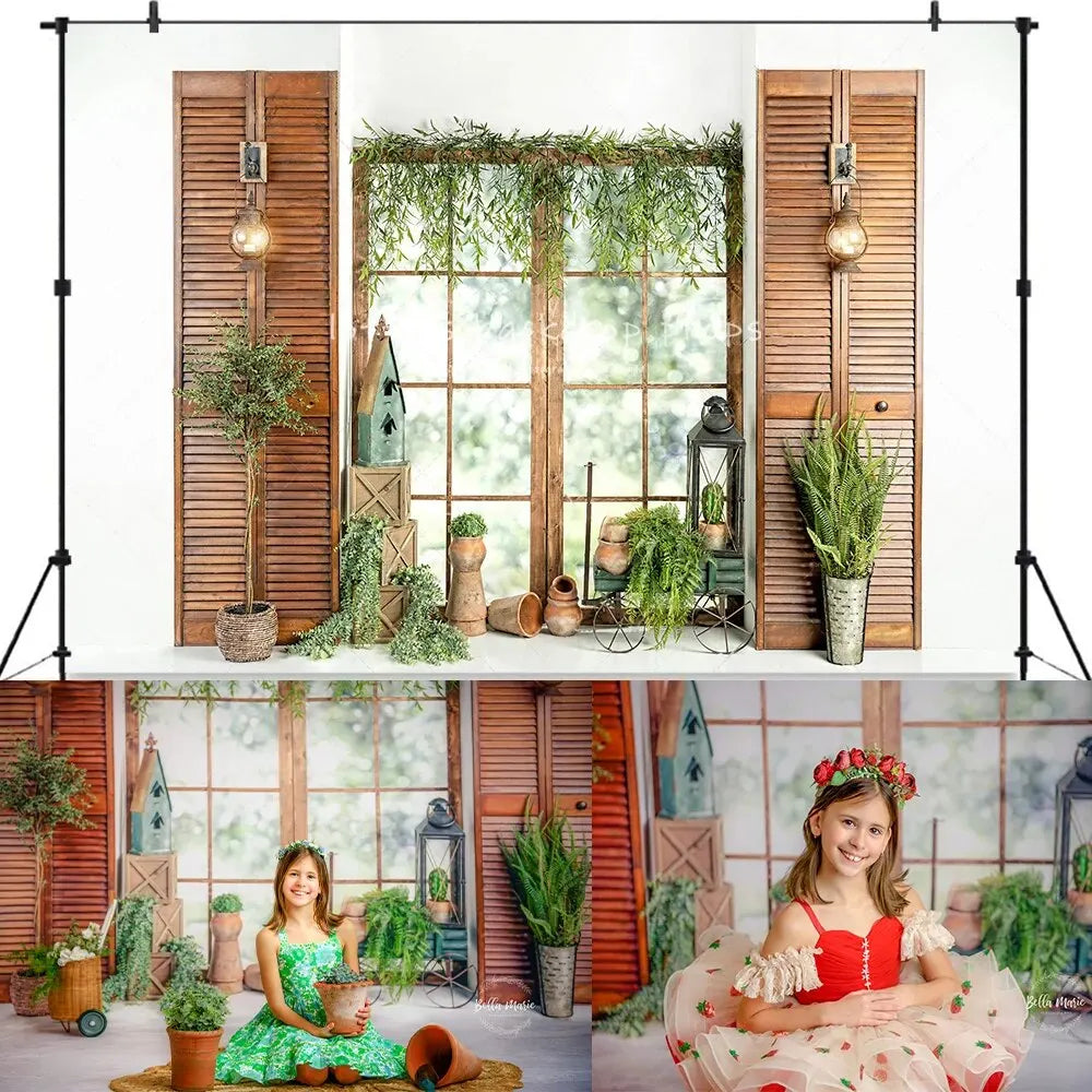 Spring Garden Backdrops Kids Girl Photography Child Baby Photocall Rose Floral Windows Wooden Door Backgrounds