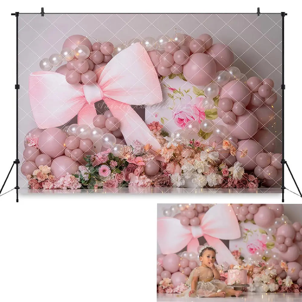 Pink Pearls and Bow Photography Backdrop Balloon Arch Kids Baby Cake Smash Photocall Decors Child Girl Birthday Party Background