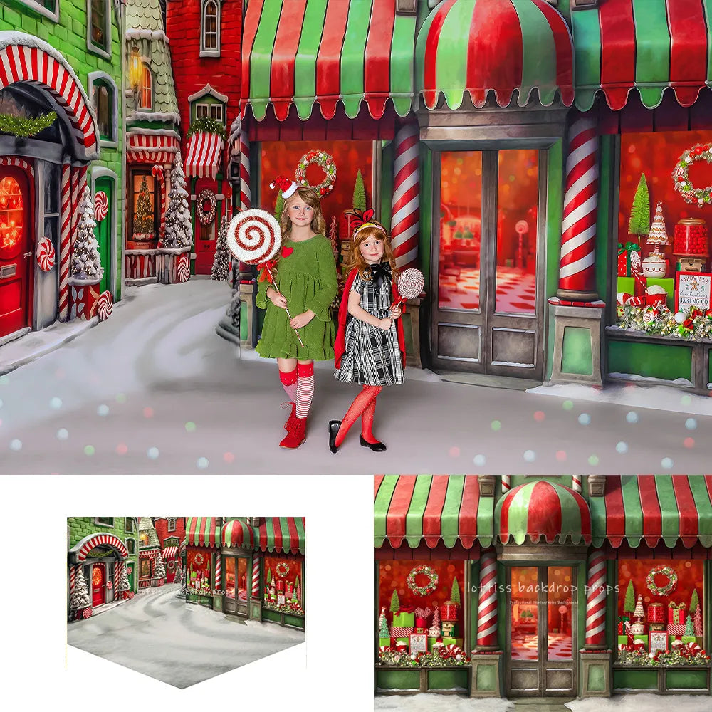 Whoville magasin de noël Mini chambre toile de fond enfants Portrait photographie accessoires adulte enfant noël neige bonbons maison avant fond 