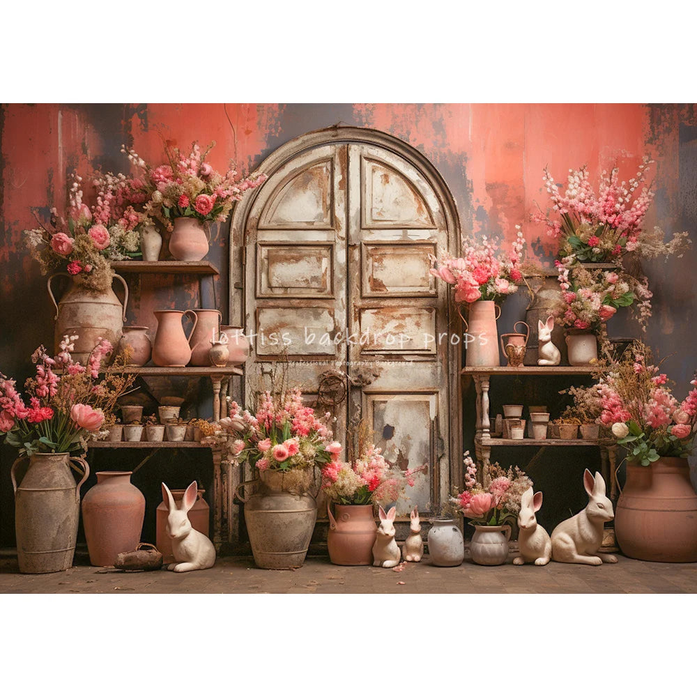 Bunny Easter Spring Room Filled With Flower Pots Backdrops Kids Girl Photography Baby Adult Photocall Floral Window Backgrounds