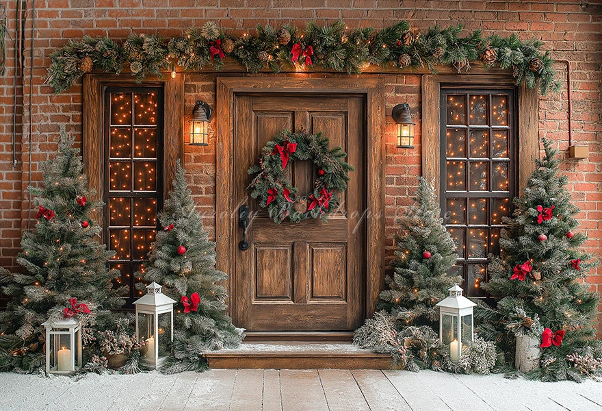 Christmas Photo Backdrop Wooden Barn Door With Fancy Trees Baby Kids Portrait Family Party Photocall Photograhy Background