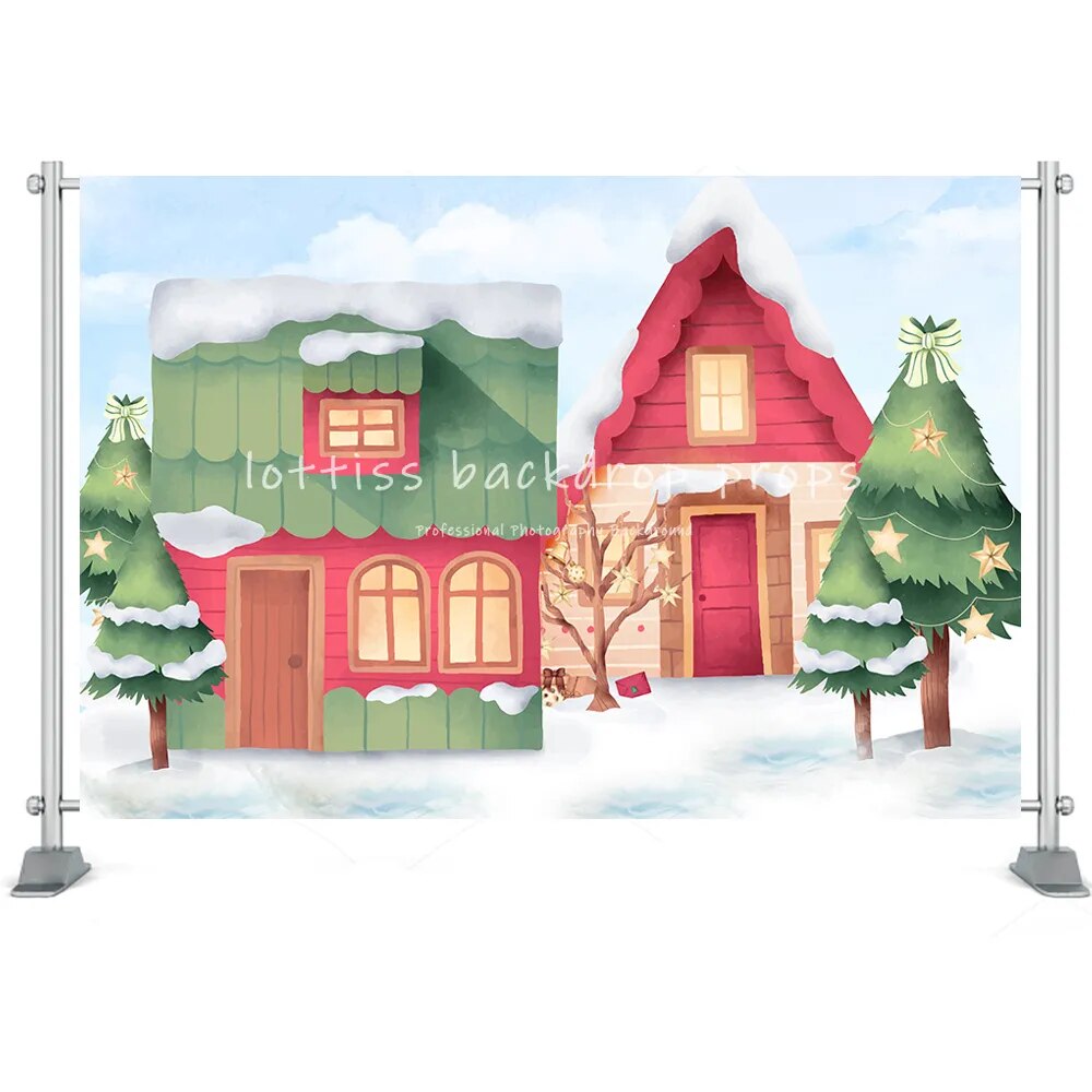 Winter House Backdrop Snow Field Forest Christmas Santa Claus Tree Farm Kids Bbay Family Portrait Photography Background