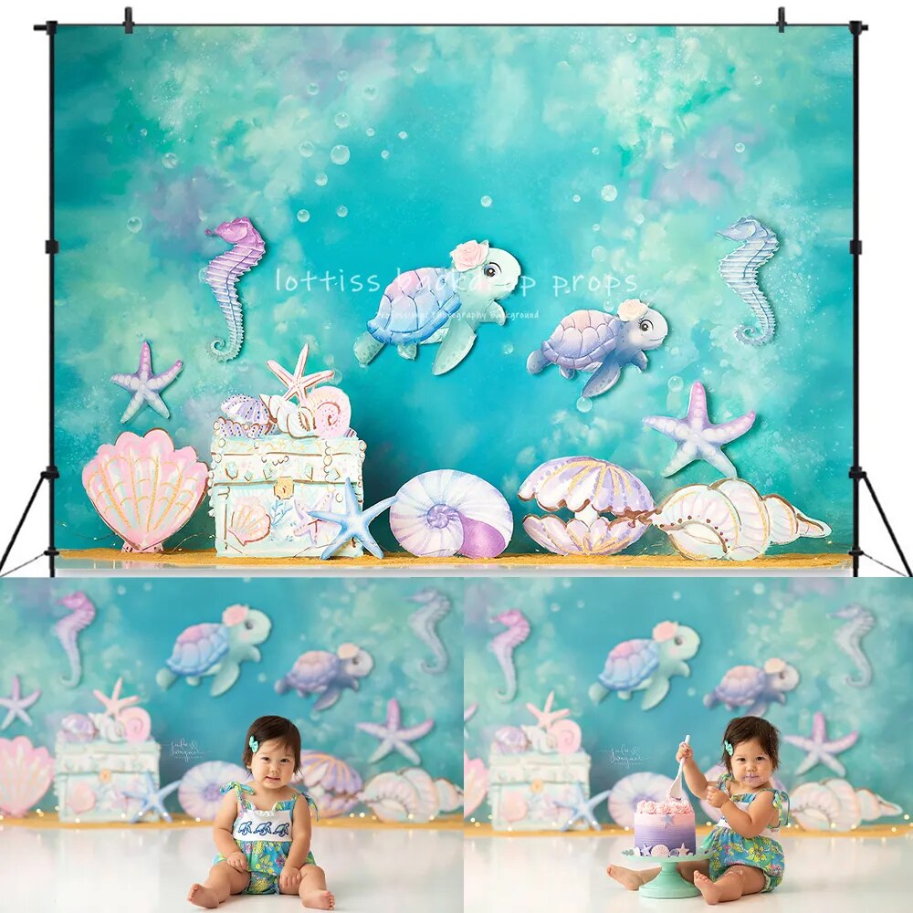 Trésors de tortue de mer toile de fond enfants bébé photographie enfant adulte Photocall gâteau d'anniversaire Smash accessoires sous-marin sirène arrière-plan 