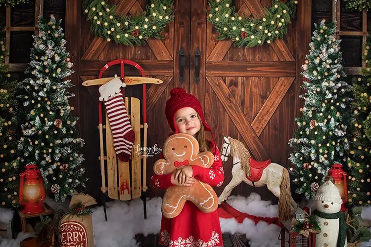 Arrière-plan de porte de grange de noël, décor de photographie pour enfants et adultes, accessoires de gâteau d'anniversaire pour bébé, arrière-plan de noël et d'hiver 