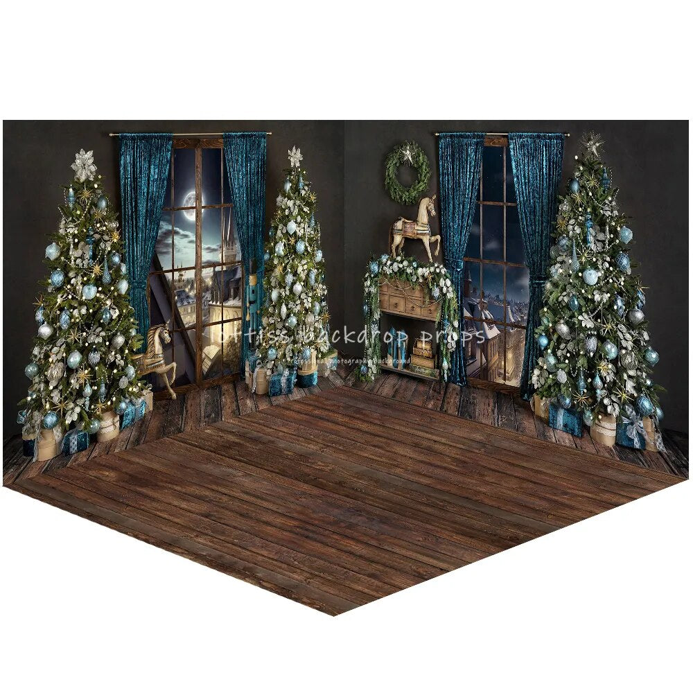 Blue Festivity Christmas Livingroom Backdrops Child Family Photocall Props Xmas Trees Windows Background For Baby Photostudio