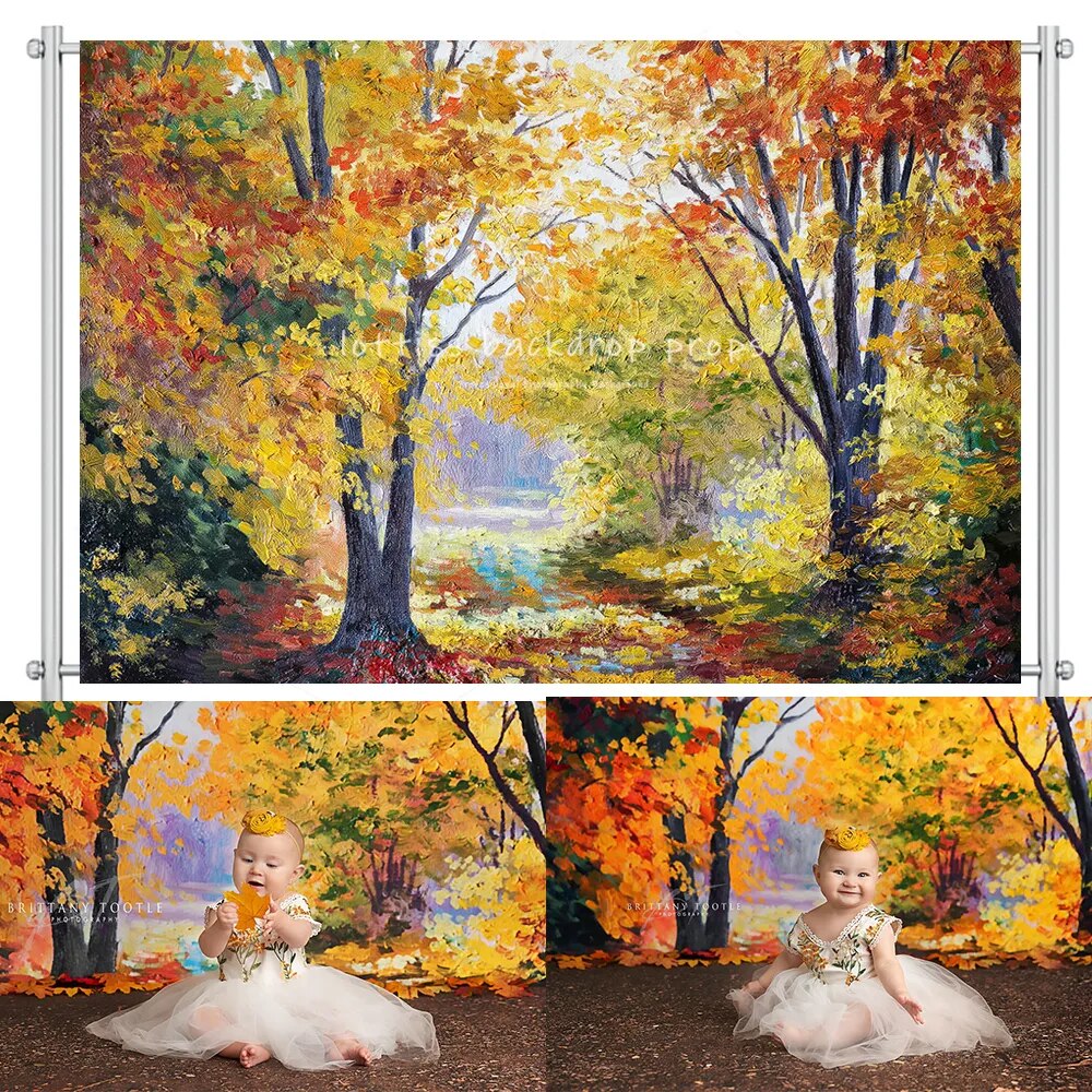 Autumn Kids Photography Backdrop Cake Smash Decor Forest Maple Trees Scene Background Baby Adult Portrait Props Photostudio