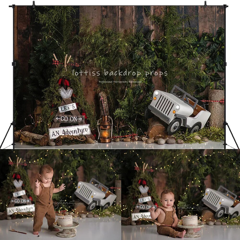 Forest Adventure Backdrops Kids Birthday Cake Smash Props Child Baby Birthday Photocall Wild Dinosaur Park Background