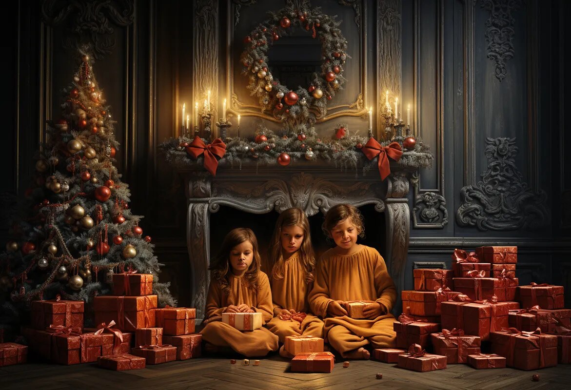 Chambre de noël rétro avec arrière-plan de cheminée, accessoires de photographie pour enfants et bébés, décors de séance photo pour enfants et adultes, arrière-plan d'arbres cadeaux rouges 