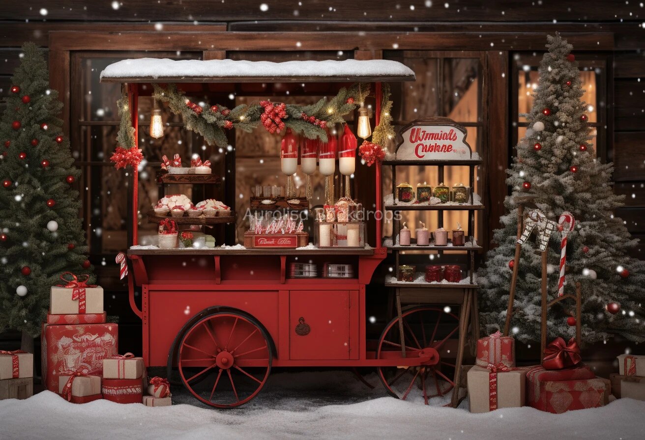 Hot Chocolate Cart With Christmas Decorations Tree Backdrops Kids Baby Photography Child Adult Photocall Xmas Store Background