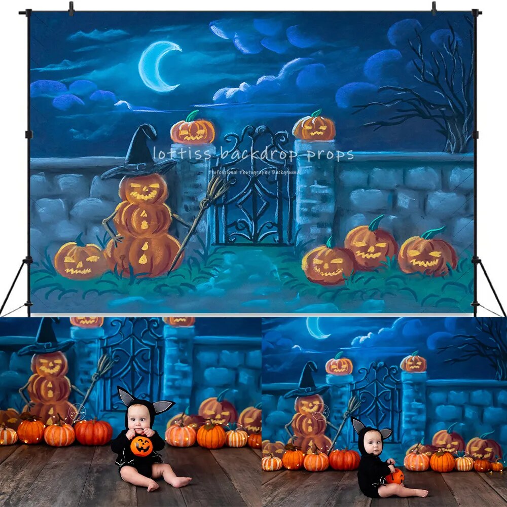 Halloween Fright Fest Backdrops Kids Adult Photocall Props Child Baby Photography Pumpkin Lantern Cemetery Evening Background