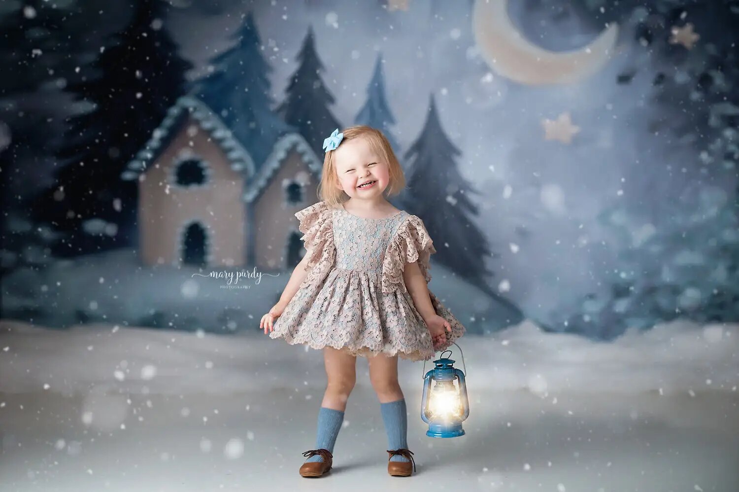 Arrière-plan de nuit enneigée d'hiver pour photographie d'enfants et d'adultes, accessoires de séance photo en famille, décor de maison en flocon de neige pour studio photo 